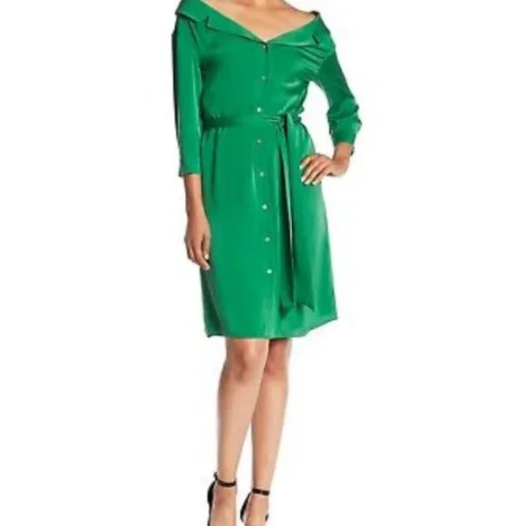 Alice + Olivia | Dresses | Nwt Alice Olivia Tate Off Shoulder Silk Shirt  Dress Size Green Juniper | Poshmark